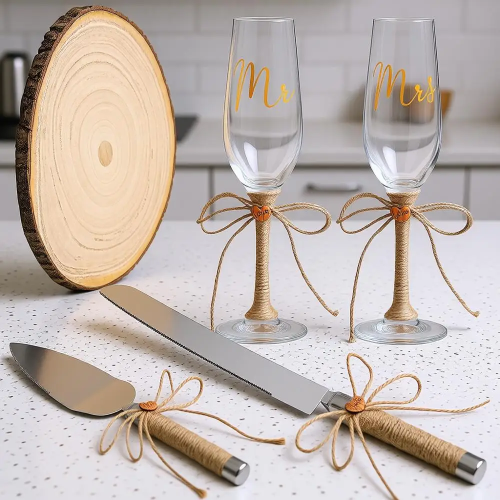 

Набор для торта из 5 предметов: нож для торта, сервировочные приборы, бокалы для шампанского, деревянный топпер для торта, деревенские свадебные украшения, фужеры для шампанского «Мистер и миссис»