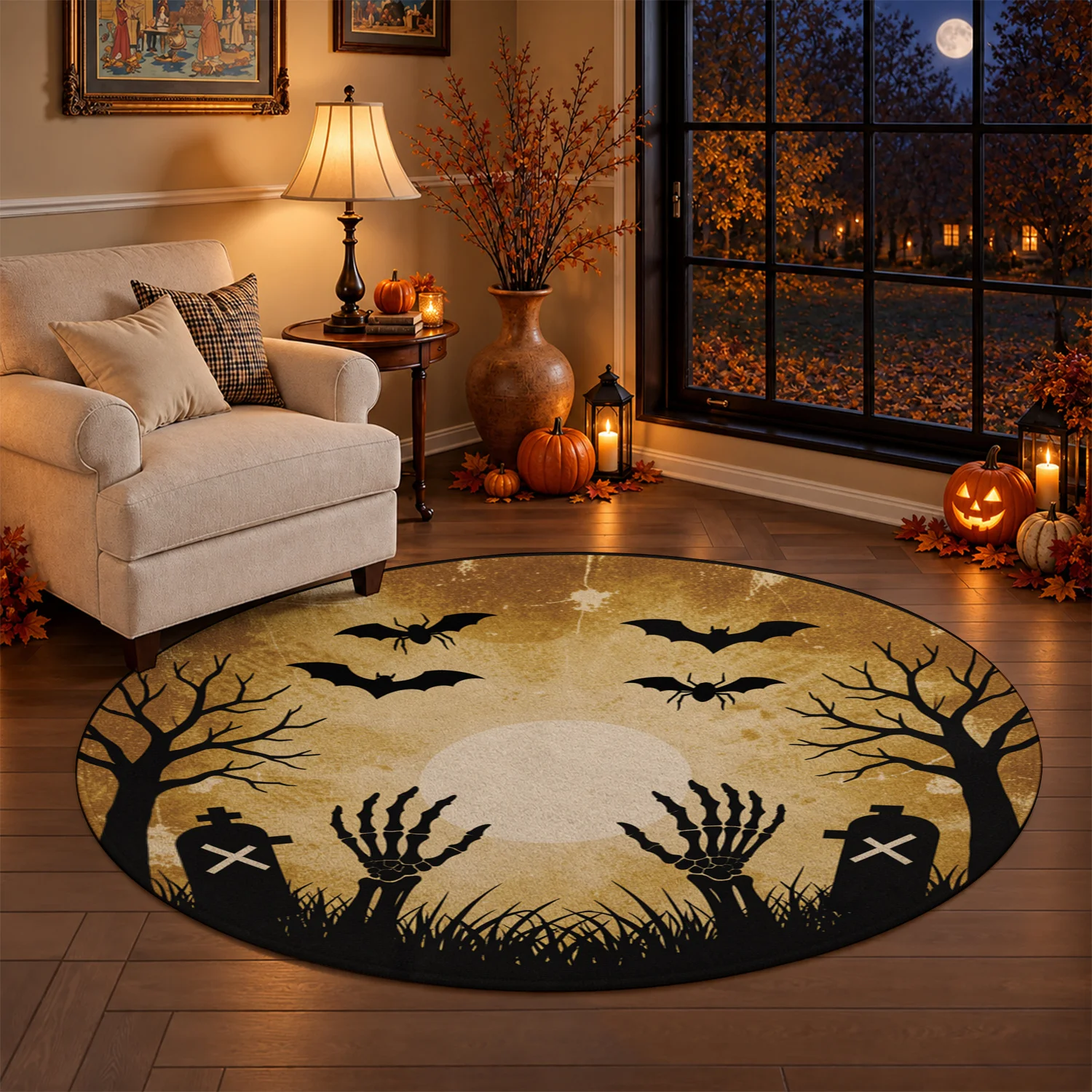 Halloween Spooky Skeleton Bat Graveyard Pattern Round Velvet Rug, Machine Washable Soft Floor Mat for Living Room Bedroom Entryway Dining Area, Perfect for Halloween Thanksgiving Black Friday Christmas New Year Home Decor