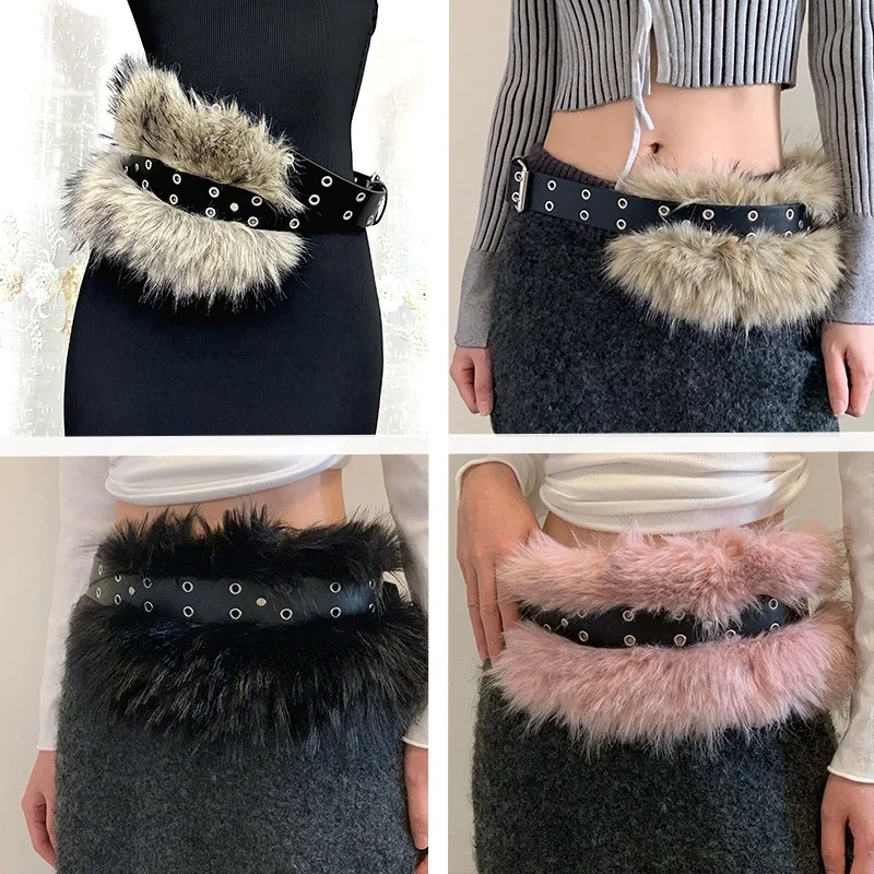 Furry Belt Y2k Belt Subculture Autumn Winter Retro All-Match Plush Waist Chain Imitation Fur Waist Seal Hot Girl Sexy Belt