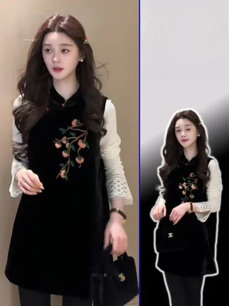 

Новый китайский модный комплект с вышивкой для женщин больших размеров: топ с воротником-стойкой и платье для весеннего сезона