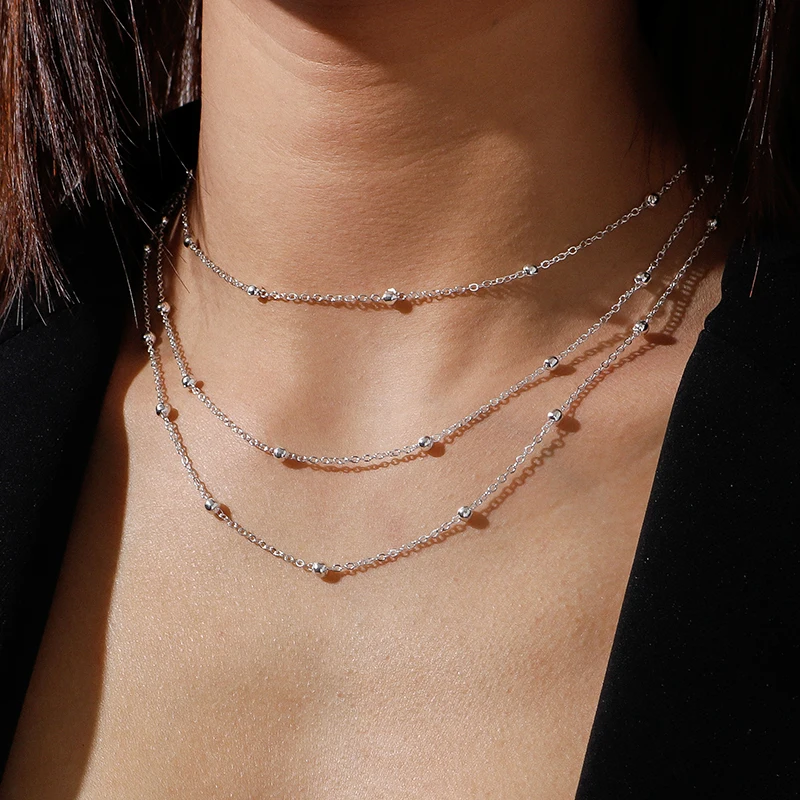 Aihua Mehrschichtige silberfarbene Perlenkette für Damen, einfache dünne Kette, Choker, trendiger Modeschmuck, Halskette – Detail 2