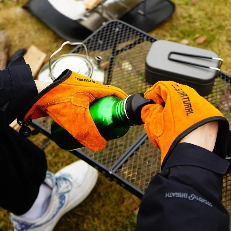 Heat Resistant BBQ Gloves Cowhide Leather Camping Fire Handling Gloves Non-Slip Grilling Mitts for Outdoor Fishing Welding - view 2