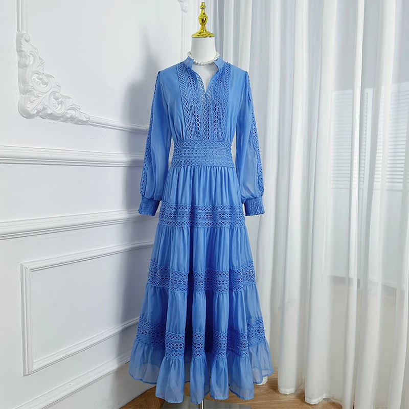

Elegant V Neck Long Puff Sleeve Embroidery Female Dress Chic Hollow Out A line Madi Dresses for Women Fashion Spring Lady Robes