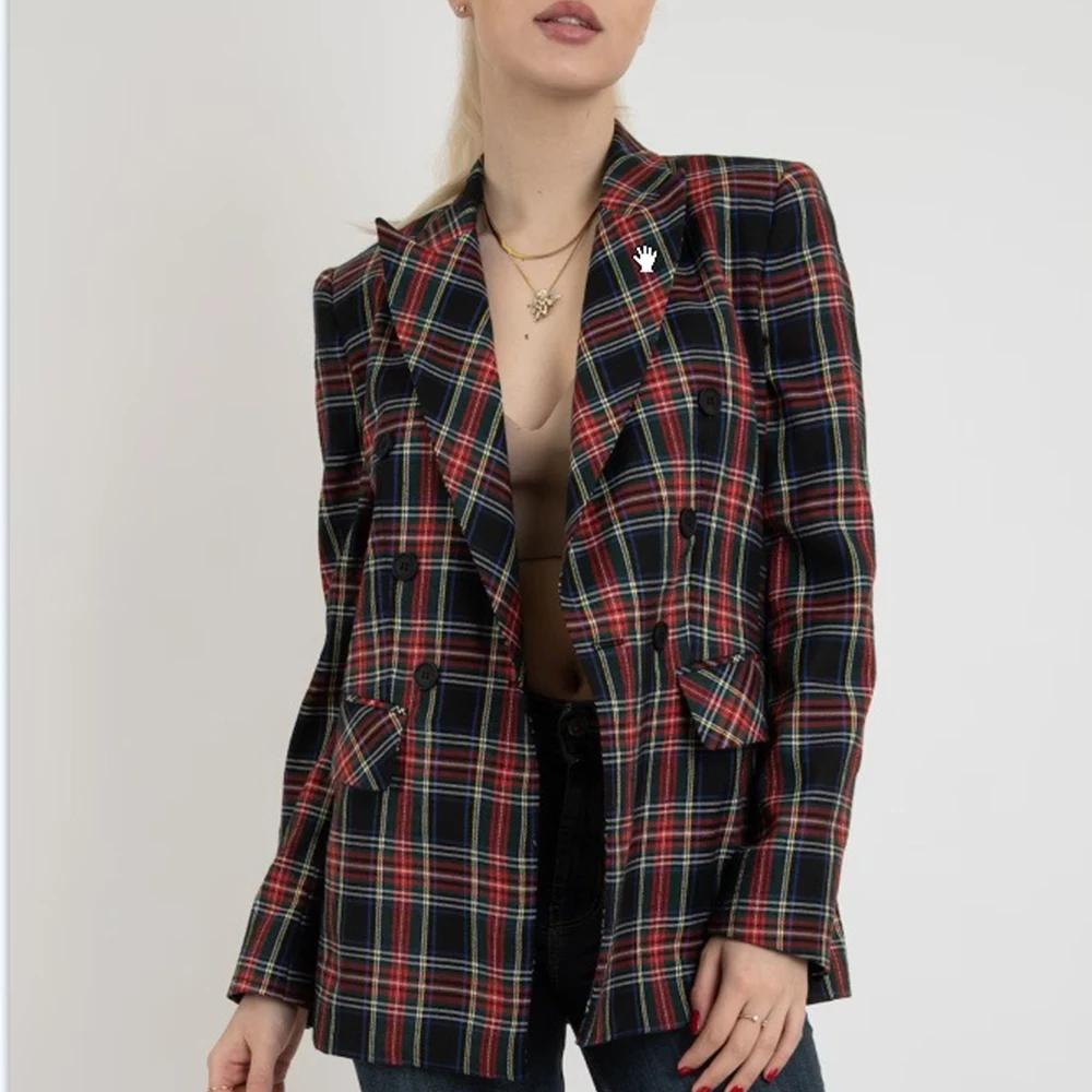 2024 Newest England Style Classic Plaid Printing Women Vinatge Regular Fit Single Button Retro Blazer Quality Jacket