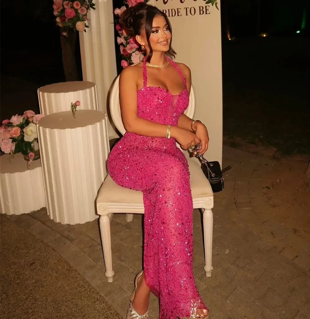 Sukienka na bal maturalny w kolorze gorącej fuksji, syreni krój, halter, bez rękawów, cekiny, koraliki, długa, formalna, wieczorowa, na konkurs piękności, urodzinowa, suknia wieczorowa.