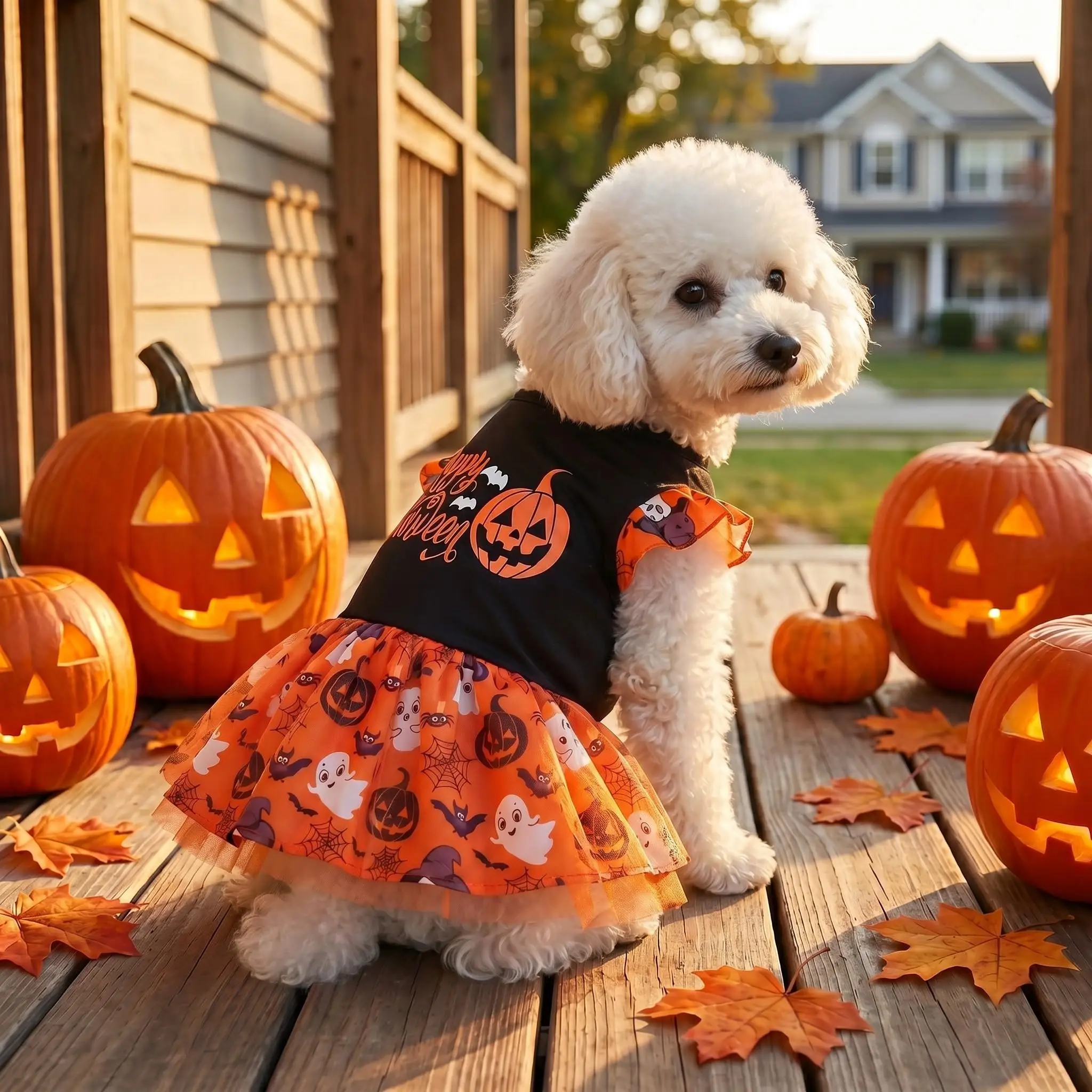 Fröhliches Halloween-Hundekleid mit Rüschen, Kürbis, Geist, Fledermaus, Spinne, orangefarbenem Netz-Tüllrock, Haustier-Outfit für kleine und mittelgroße Hunde und Katzen – Detail 6