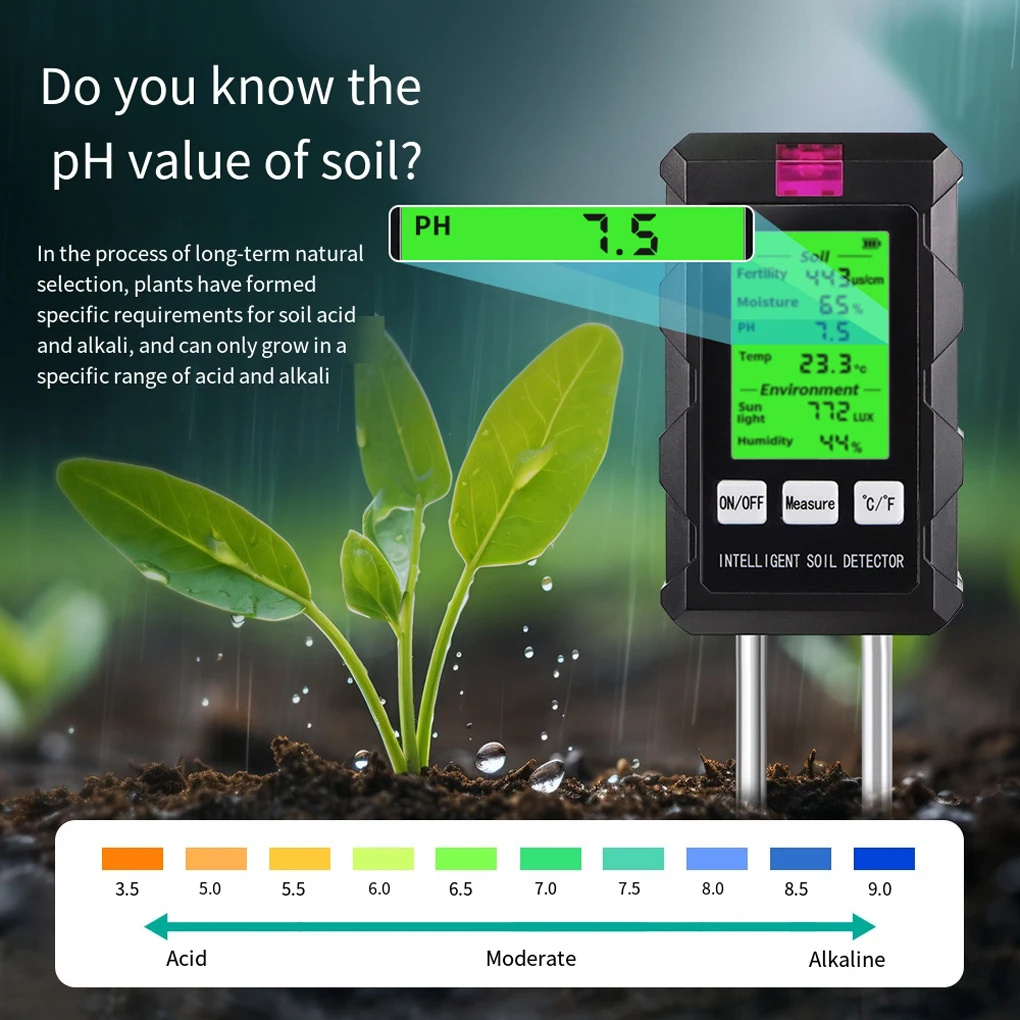 6 in 1 Soil Detector Digital Soil Tester pH Temperature Humidity Sunlight Air Moisture Nutrient Fertility Meter Gardening Tool