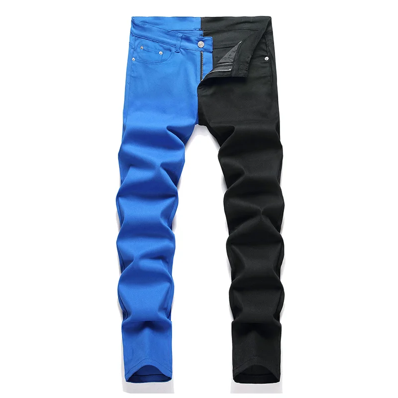 Mcikkny Men Fashion Casual Jeans Pants Color Block Patchwork Denim Trousers Slim Fit