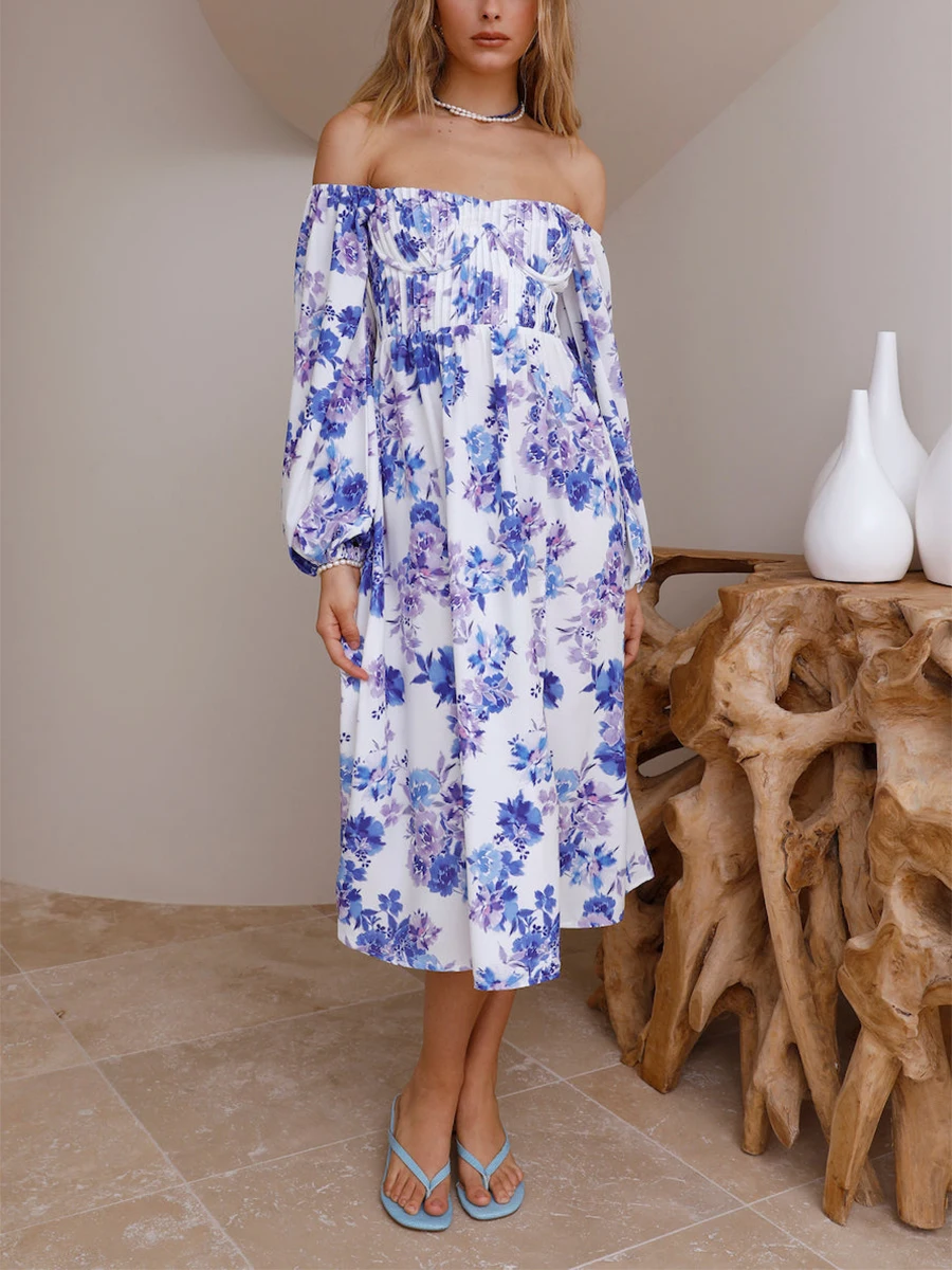 Vestido feminino com decote quadrado fora do ombro, manga folhada longa, cintura alta cheirada, vestido casual em linha A, estampa floral, férias elegantes