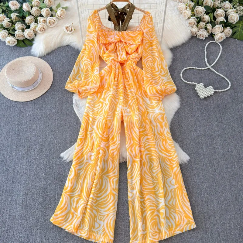 Fashion New Women Elegant Casual Floral Jumpsuit Long Sleeve Vintage Chic Wide-Leg Pants Overalls Female Clothes Rompers