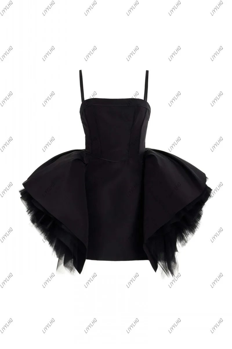 Fashion Little Black Short Party Dress Classic Spaghetti Strap Puffy Mini Birthday Gown Stretchy Short Prom Celebrity  Dress