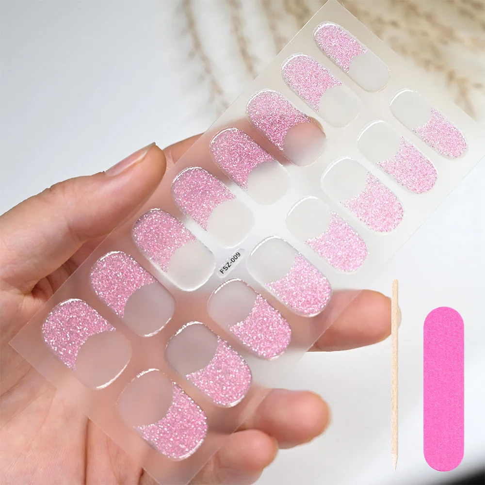 16 Tips/Sheet French Semi Cured Gel Nail Strip Sticker UV/LED Lamp Cured Glitter Nail Gel Polish Wraps Full Cover Nail Decals
