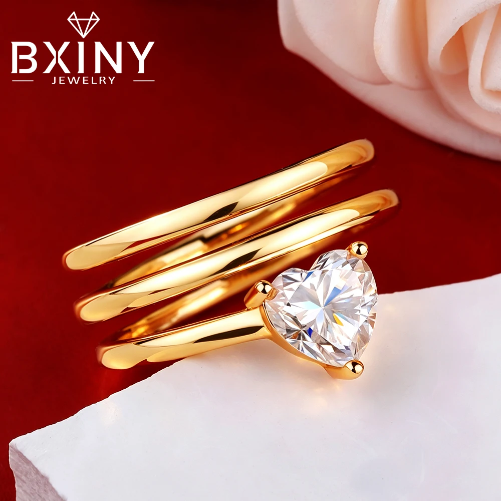 BXINY 1CT Heart Cut Moissanite Rings S925 Sterling Silver Triple Wrap Open Band Solitaire For Women Engagement Tail Ring Jewelry