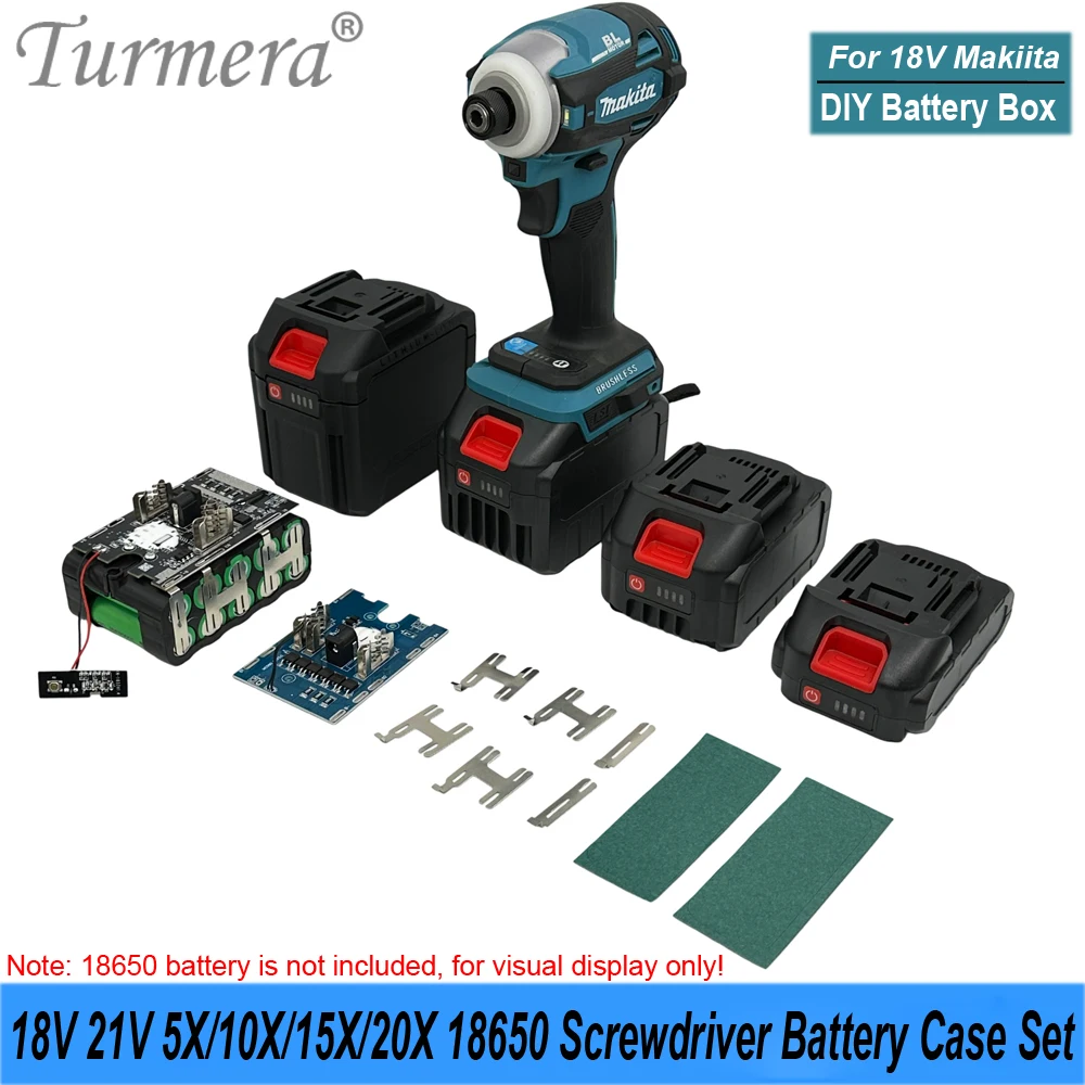 Turmera 18V 21V Screwdriver Battery Case 5X 10X 15X 20X 18650 Cores 50A New 70A Balance BMS Weld Nickel Set for Makiita Battery