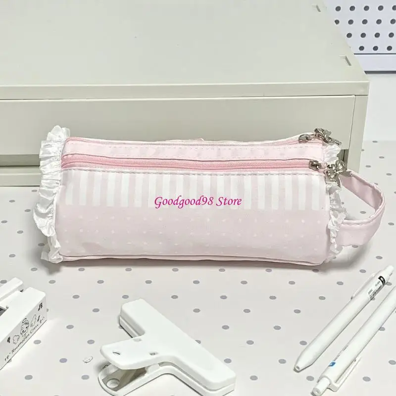 Polyester Lace Pencil Case for Pencils, Erasers and Small Study Items, Pink Writing Tool Bag for Class Supplies, Desk Order and