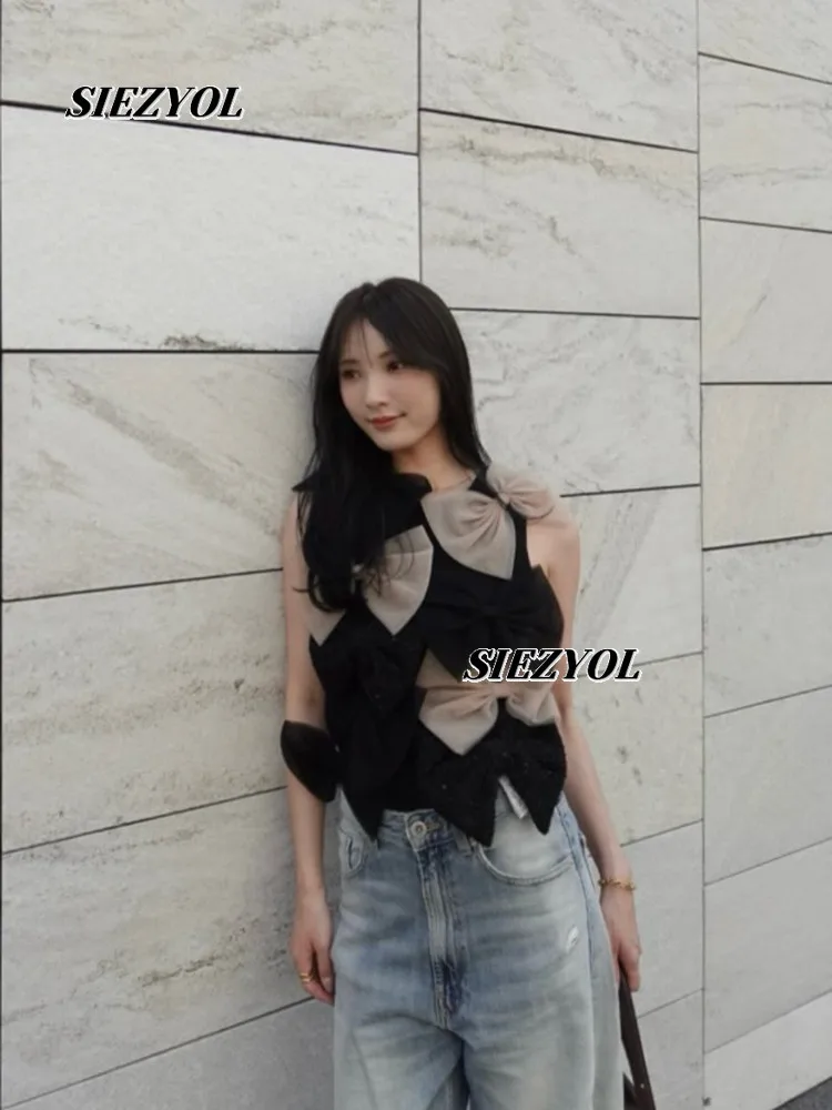Japanese Style Bow Knitted Vest for Women Summer New Sweet Girls Clothes Fashion Versatile Mesh Sleeveless Tank Tops