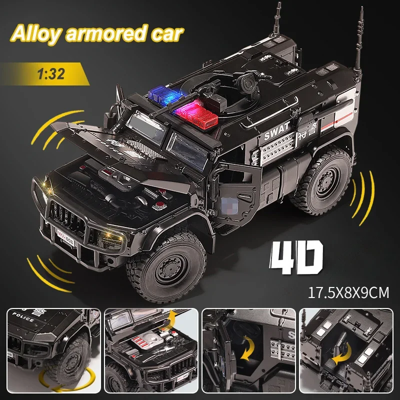 1:32 SWAT Armored Police Car Model Simulation Die-casting Pull-back Heavy Alloy Truck Toy with Sound and Light Children's Gift
