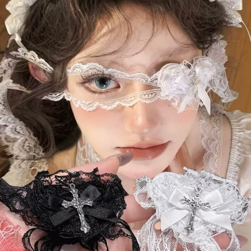 Gothic Style Lace Bows Heart Cross Eye Mask Sweet Cool Cloth Punk Cross Lace Eye Mask Black White Lolita Cosplay Eye Patch