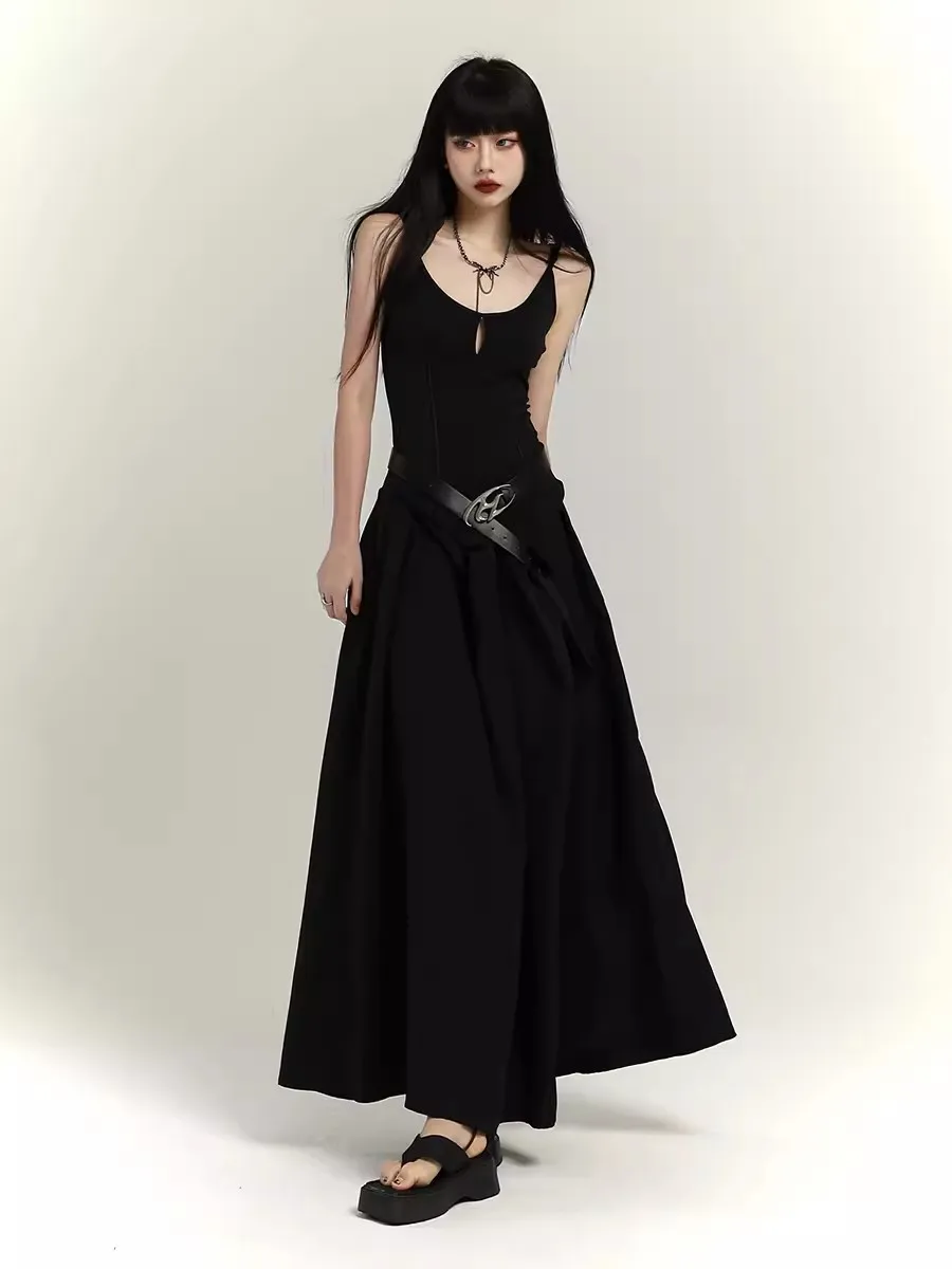 Rororiri aus geschnitten Frauen Maxi lange schwarze Kleid Stich solide lässige Spaghetti träger O-Ausschnitt Sommer einteilige Steampunk Goth Kleidung