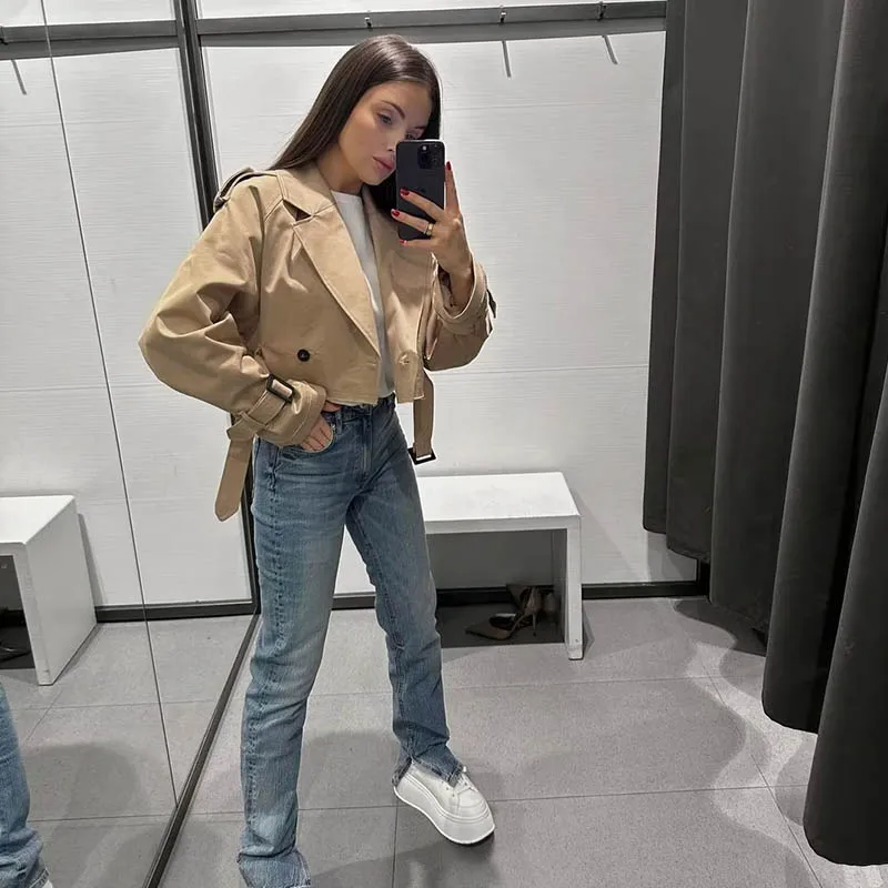 Frauen Jacke lässig weiblich kurz geschnittenen Trenchcoat Streetwear Knopf lose Langarm Tops Outwear Herbst Mode