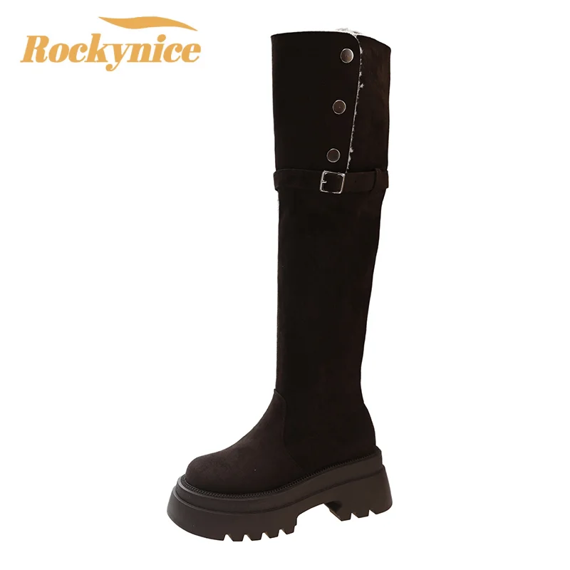 Women Platform Leather Long Boots Ladies Thick Sole Knee High Fur Boots Woman Chunky Sneakers Winter Warm Motorcycle Boots 6.5CM