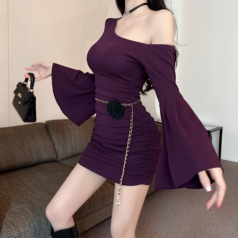 

Early Autumn Purple Elegant Bell Sleeve Pleated Dress Women Pure Desirable Spicy Girl Oblique Shoulder Slim Waist Short Skirt