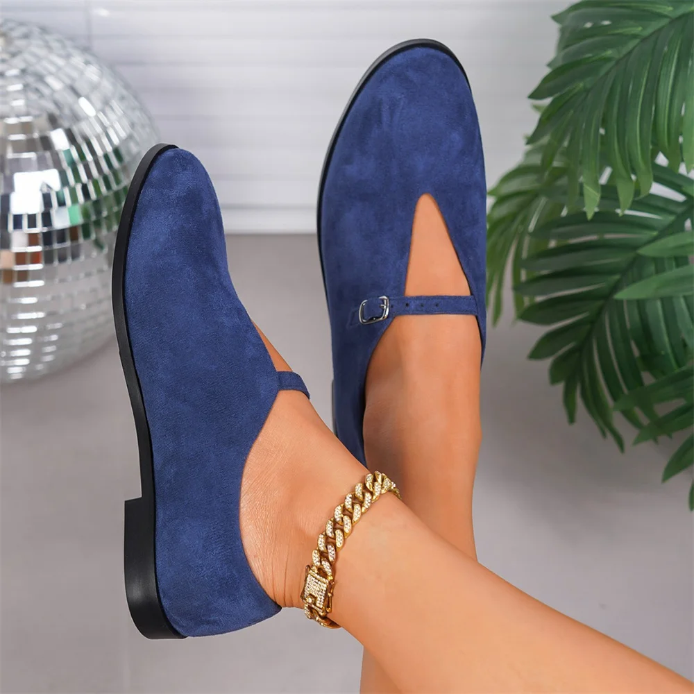 Ballerine da donna nuove di zecca, taglia 42, colore blu floccato, con cinturini con fibbia, punta tonda, modello Mary Jane, scarpe basse da ballo, perfette per tutti i giorni._voghion.com