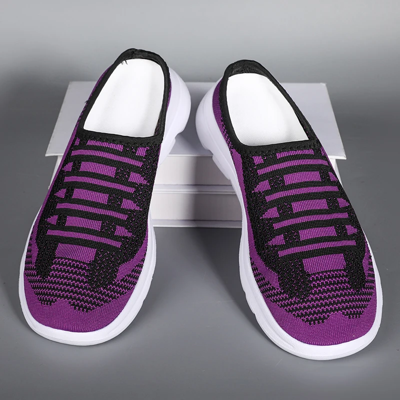 

2025 Hot Selling Women's Plus Size Slip-On Sneakers - Casual & Lightweight, Black and White Striped Knit Upper Sole Woman Shoes