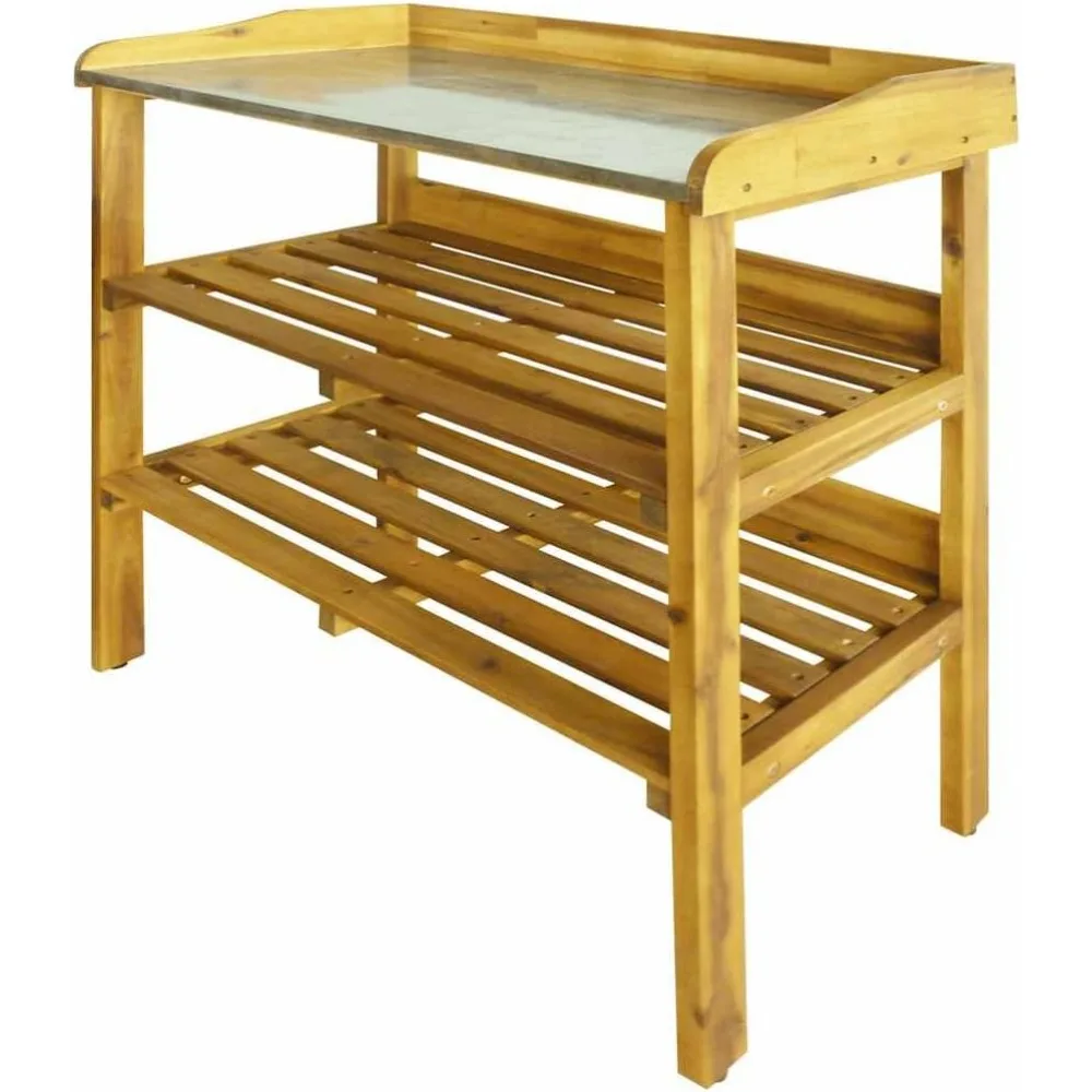 

Скамейка в деревенском стиле из массива акации с двумя полками, водонепроницаемая садовая рабочая станция, деревянная подставка для растений для балконов и