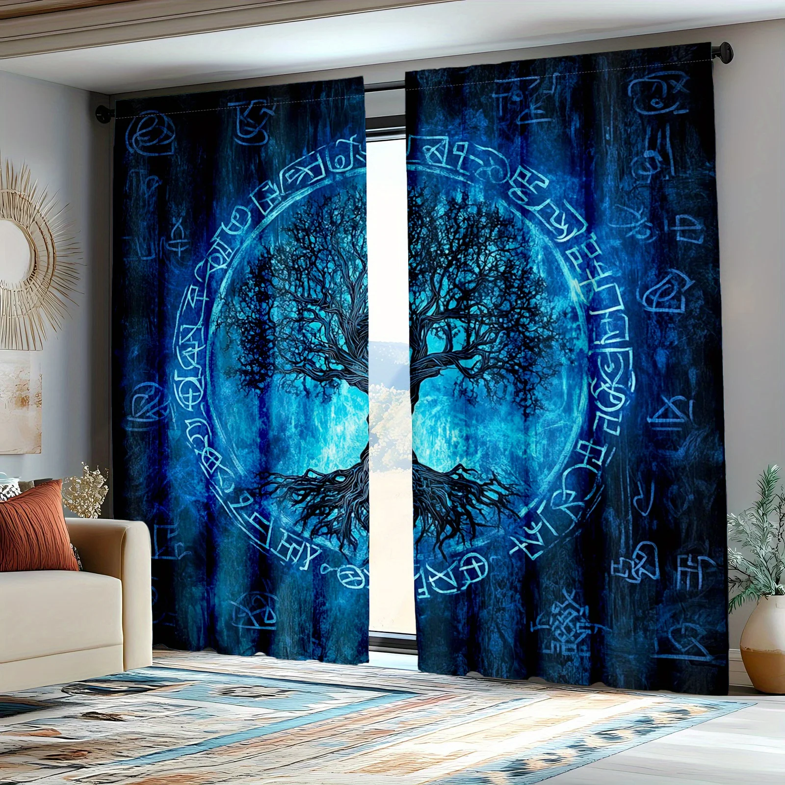 Dramatic Blue Mystical Tree of Life Curtains Boho Spiritual Window Drapes Fantasy Occult Runes Living Room Panel Decor