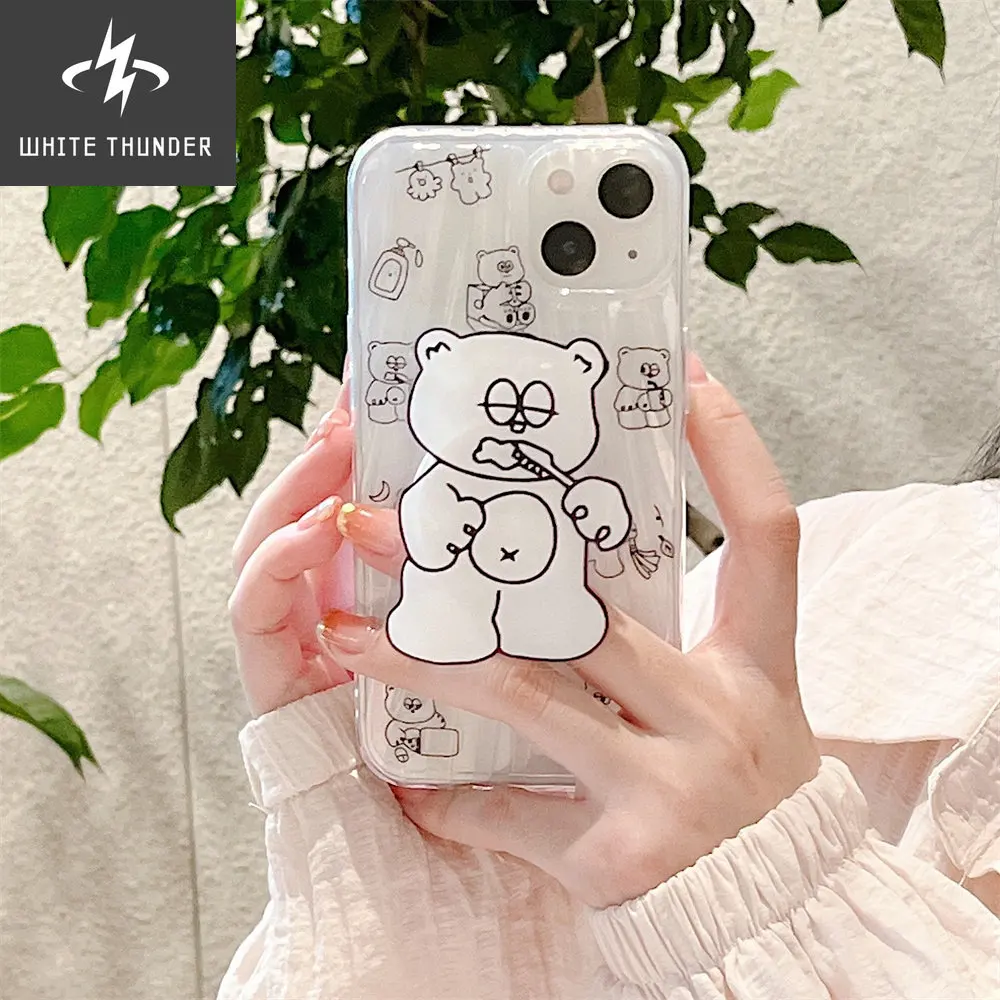 Cute Reading Cat Brushing Bear Bracket Folds Clear Soft Phone Case For IPhone 12 11 13 Pro Max 11 12 13 PRO Protective Cover