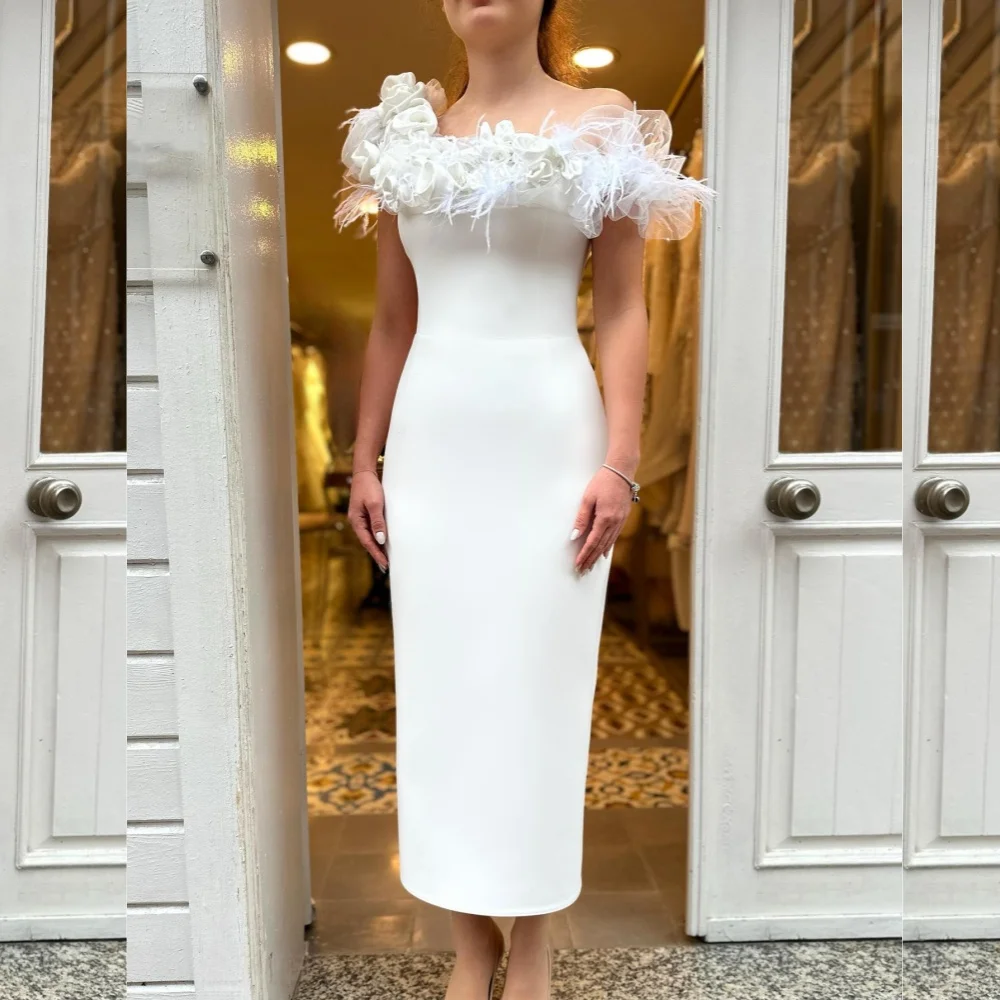 

Customized Jersey Flower Feather Ruched Christmas A-line Off-the-shoulder Bespoke Occasion Gown Midi Dresses