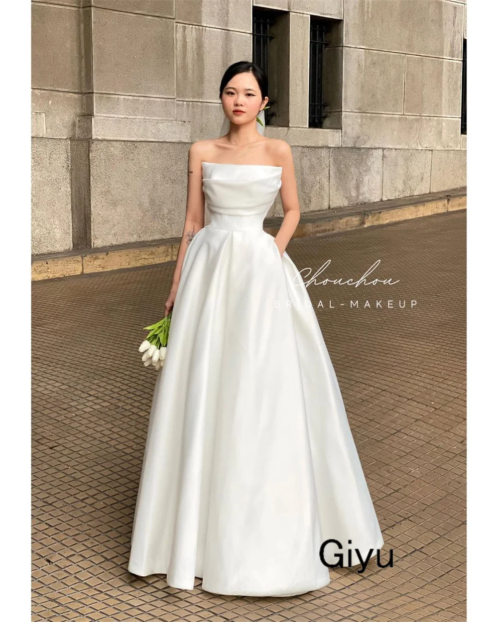 Giyu-vestido de novia sencillo de corte a, Corea, sesión de fotos, cuello barco, plisado de Organza, largo hasta el suelo, vestidos de novia personalizados