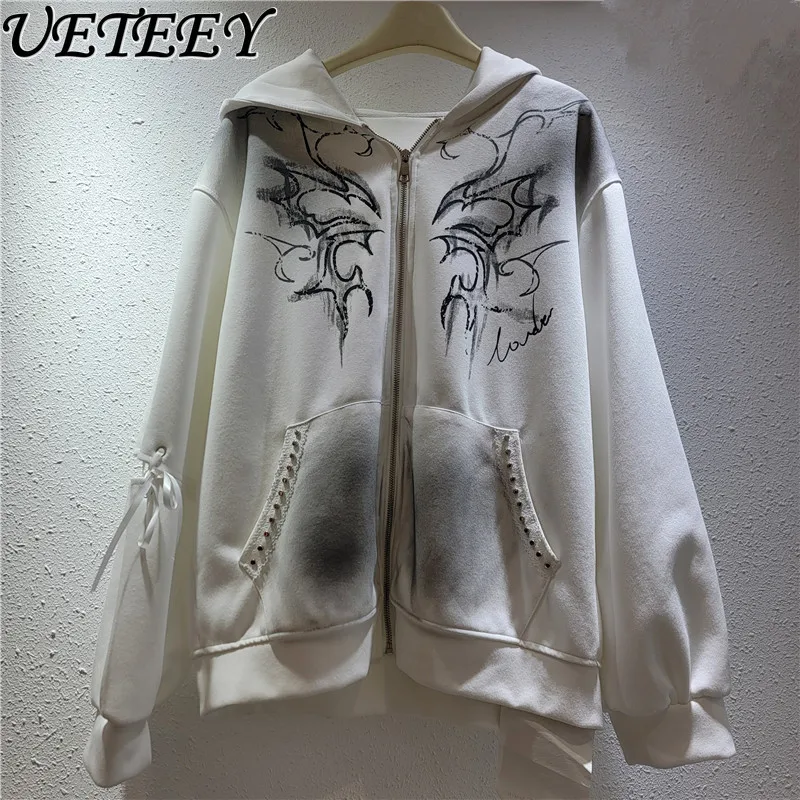 Bluza z kapturem z króliczymi uszami w stylu graffiti High Street dla kobiet, wiosenno-jesienna, subkultura Y2K, słodka, cool kurtka rozpinana, modna.