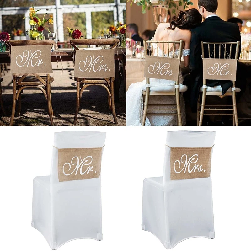 Mr & Mrs Burlap Chair Banner Set Chair Sign Garland Rustic Wedding Photo Background Backdrop Party Chair Decoration