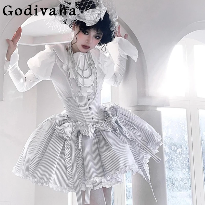 

Gothic Lolita Striped Skirt White Shirt Set for Women Japanese Style Lolita Daily Outfits Female Autumn Princess Skirt Suit