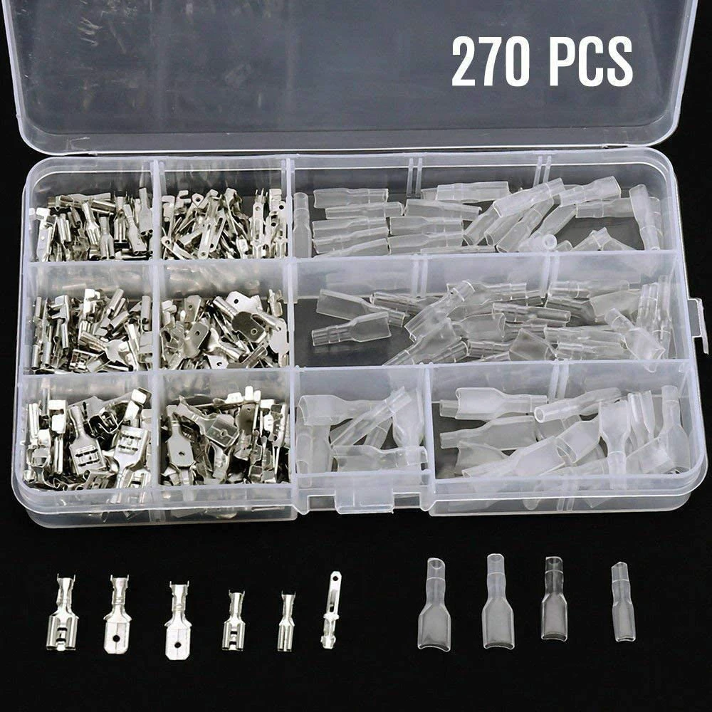 270 PCS Electrical Wire Connector Male Female Spade Connectors Crimp Terminal Block with Insulating Sleeve Kit 2.8mm 4.8mm 6.3mm