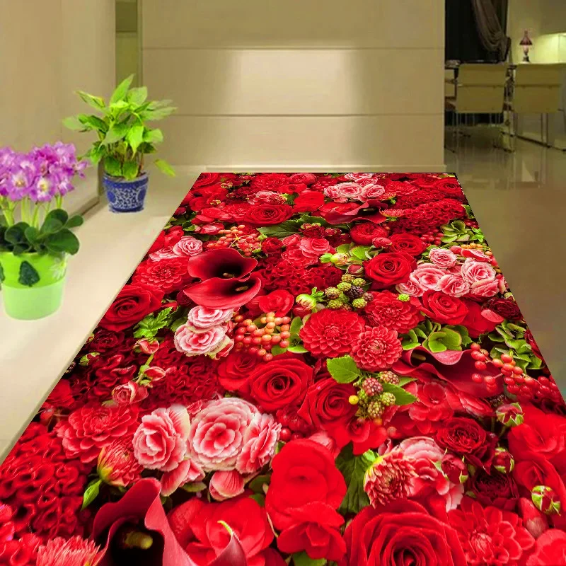 

New 3D Printing Carpet Rose Flower Large Rug Multicolor Pink Red Wedding Hallway decor Carpets Home Corridor Stairs Antislip Mat