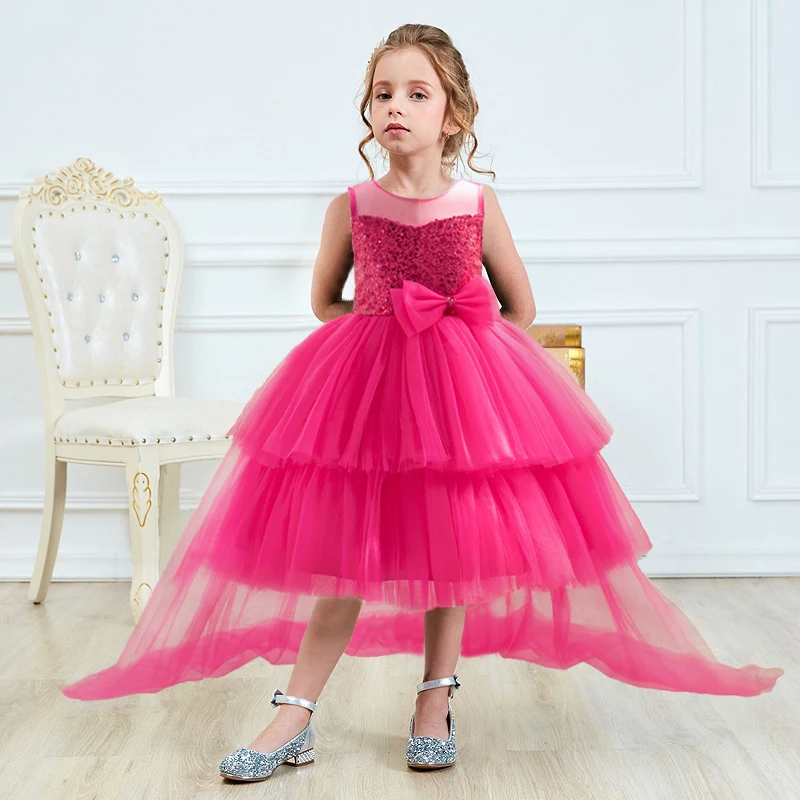 

Girls Tulle Trailing Princess Dress Sequin Elegant Kids Bridesmaid Party Dresses For Girls Children Birthday Wedding Prom Gown