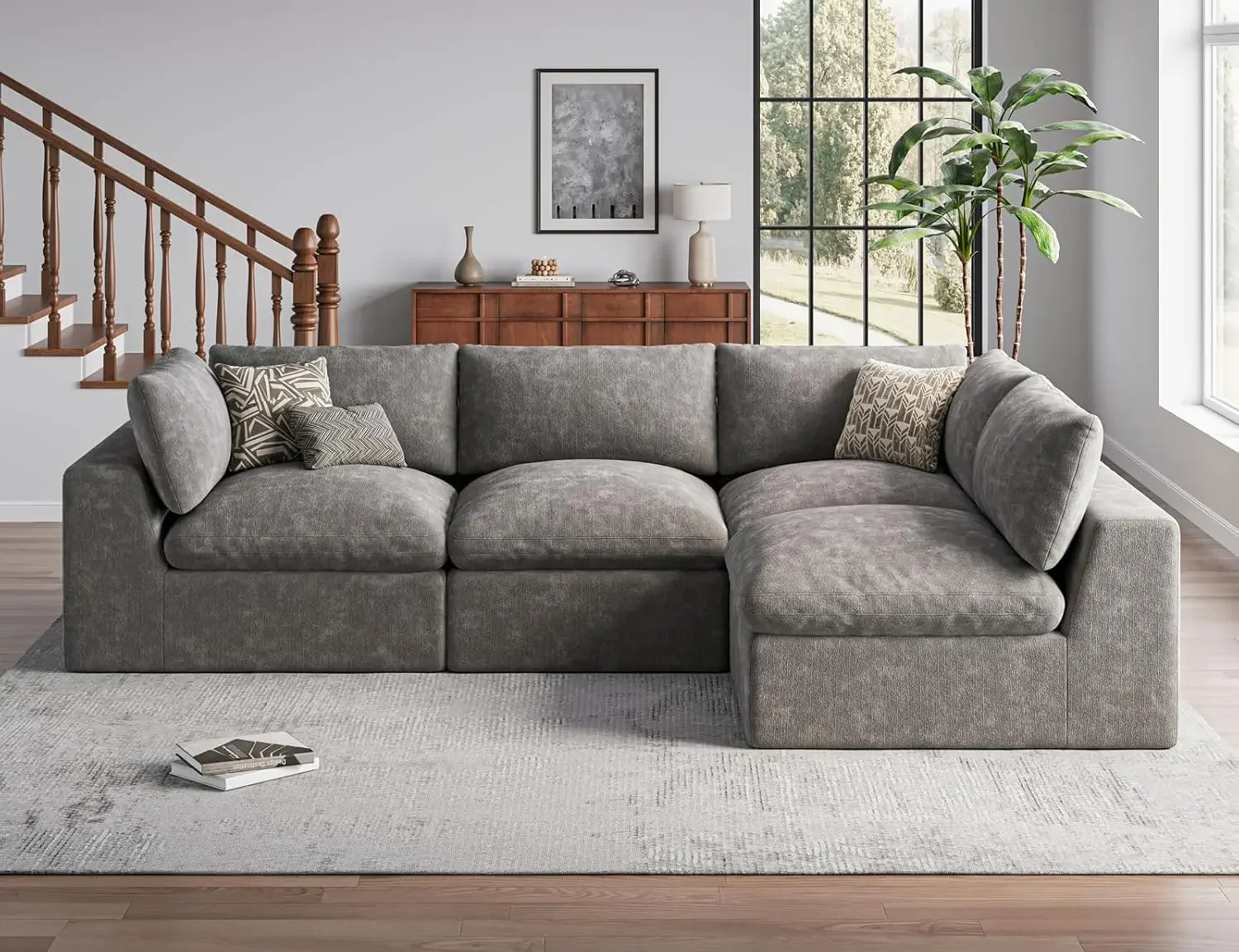 

120" Cloud Sectional Couch | Oversize Boneless Couches for Living Room | 4 Seater Modern L-Shape Sofa | Drak Grey, Customized