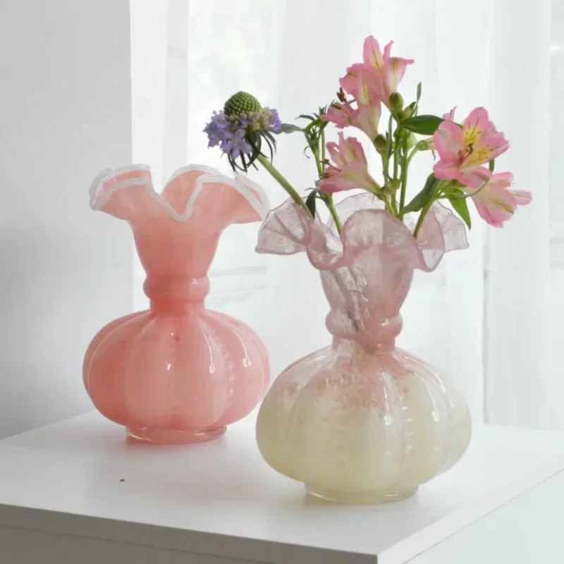 Middle Aged Fenton Style Pink Gradient Retro French Pumpkin Glass Vase Home Flower Arrangement Soft Decoration