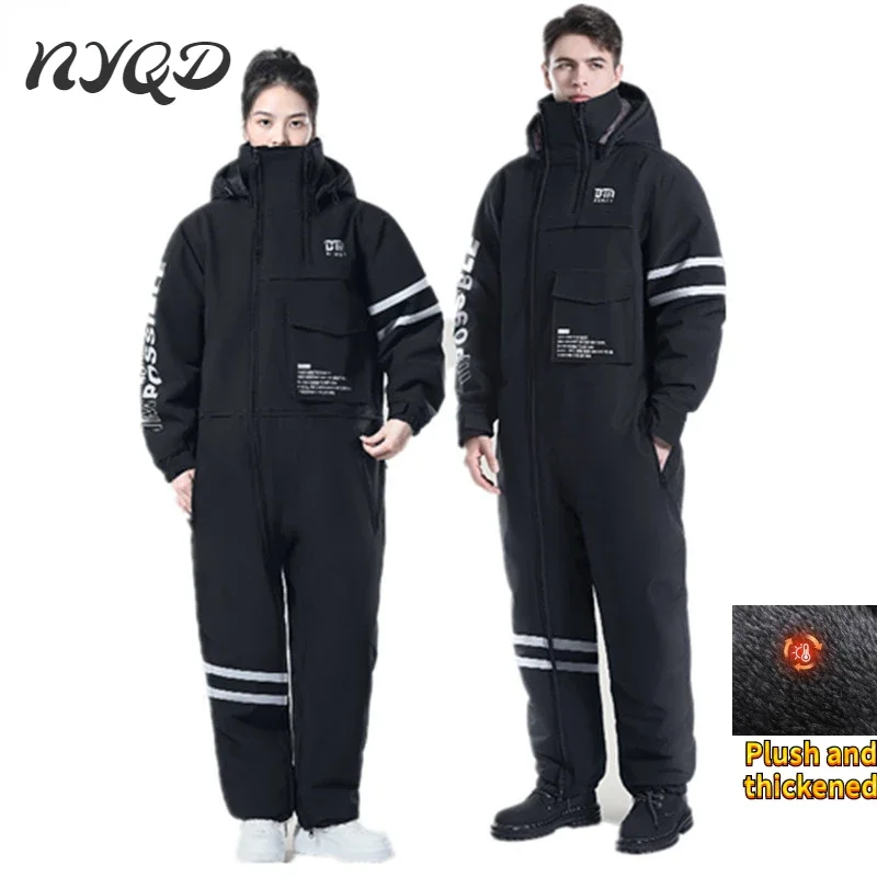 Adults Winter Fishing Clothes Plush and Thickened One-piece Ski Suit Outdoor Split Leg Windproof Cycling Suit