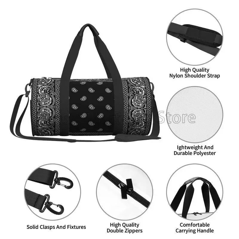 다채로운 페이즐리 블랙 두건 테두리 스카프 화이트 스포츠 체육관 가방 커플 대용량 피트니스 가방 휴대용 수하물 핸드백