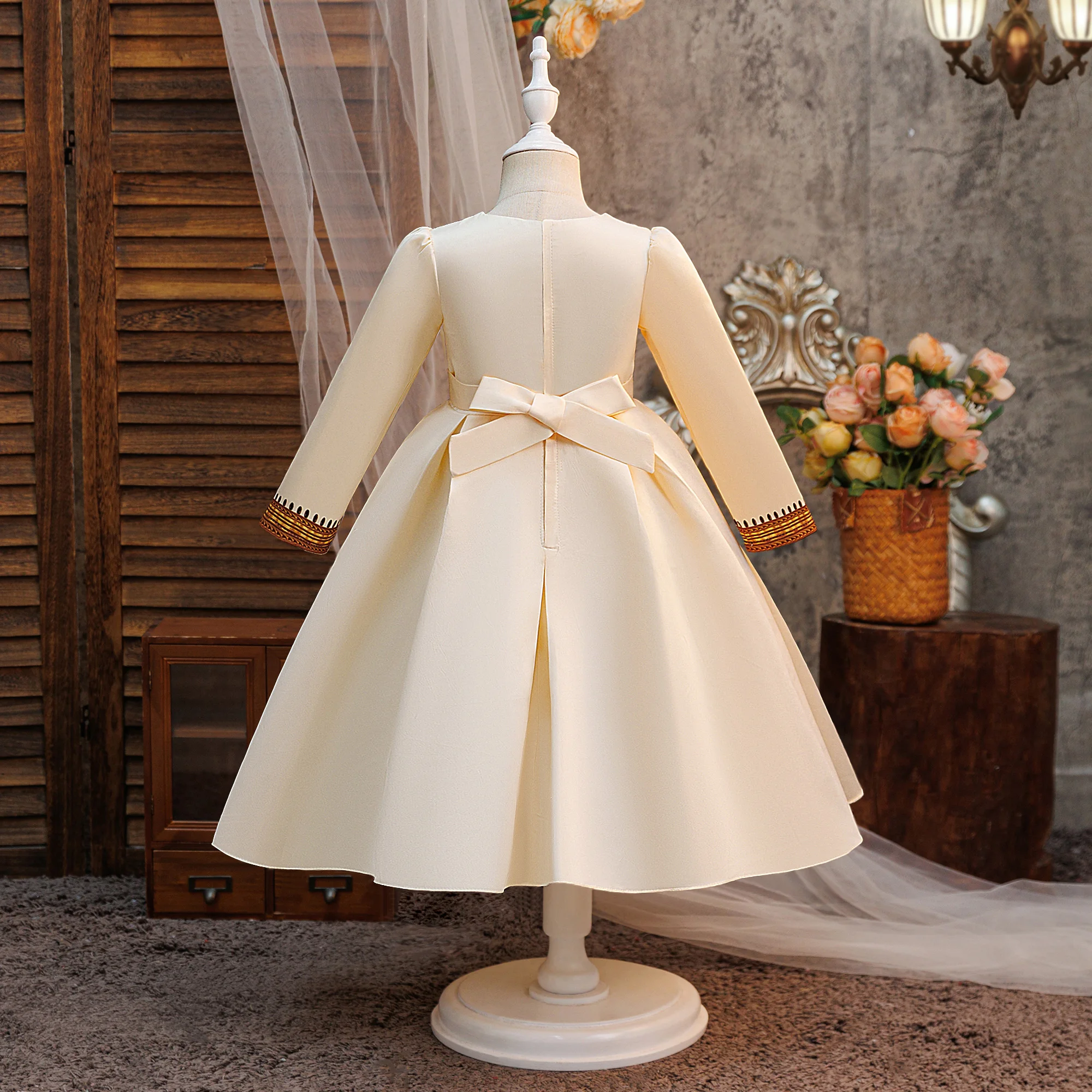 Elegant Flower Muslim Prayer Ramadan Party Girls Dress Long Sleeve Robe Arab Dubai Eid Enfant Princess Prom Dresses Wedding Gown