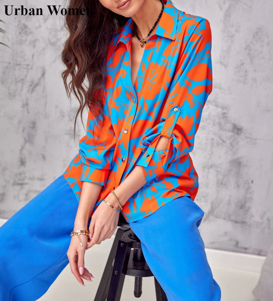 Autumn Fashion Printed Button Shirt Women Casual Loose Collared Button Up Printed Shirt Women