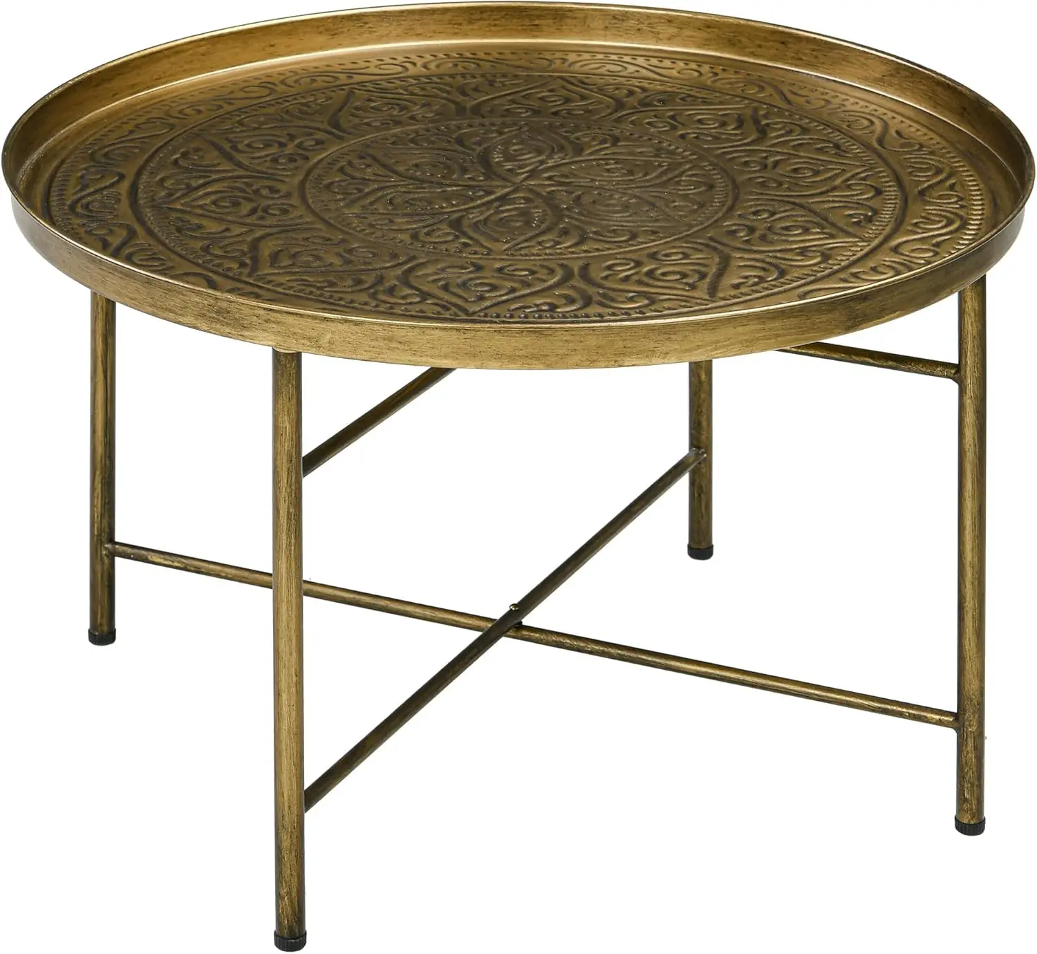 

24' Round Coffee Table with Hammered Tray Top, Vintage Metal Center Table for Living Room, Bedroom, Side Table, Gold