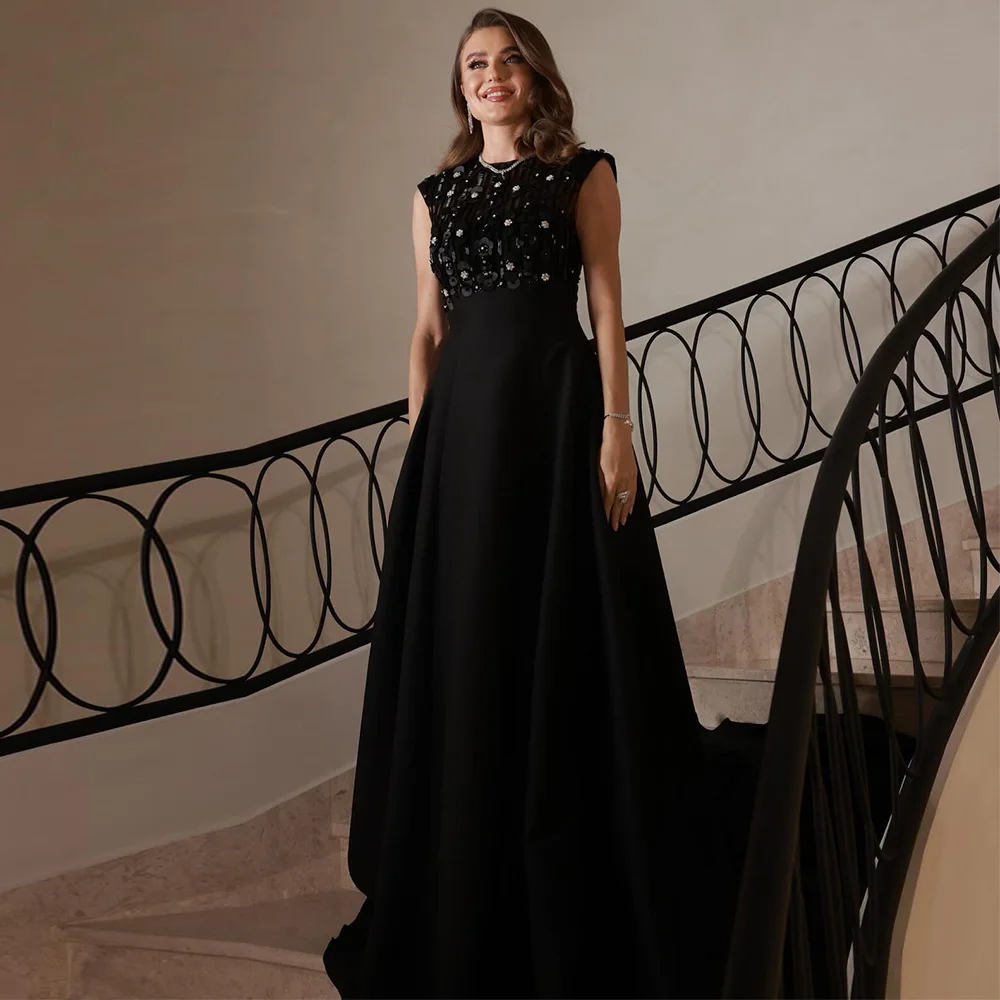 

Формальное черное трикотажное платье для выпускного вечера по индивидуальному заказу, классическое платье для выпускного вечера с круглым вырезом и короткими рукавами без рукавов с жемчугом и аппликацией на молнии сзади