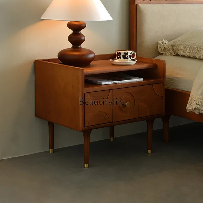 

LD33Medieval solid wood bedside table boxwood retro carved bedside storage drawer storage cabinet