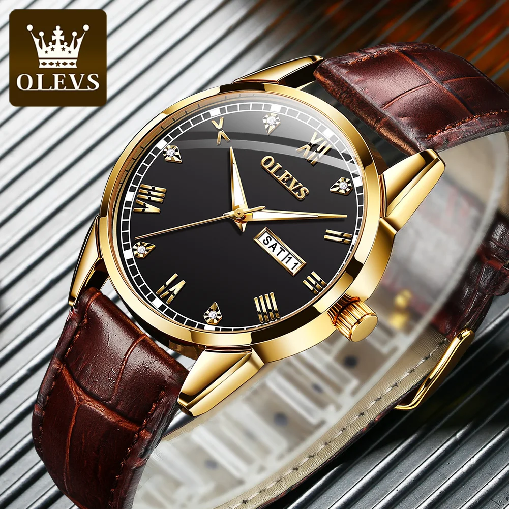 

OLEVS 6896 Business Men Quartz Movement Watch Diamond Roman Index Leather Strap HD Luminous Function Waterproof Calendar Watch