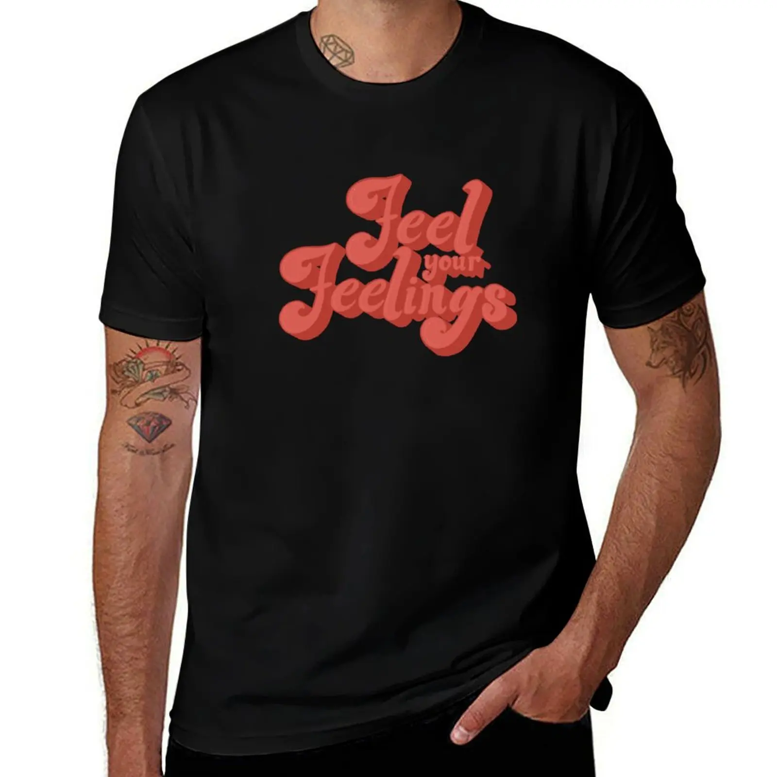 Feel Your Feelings Retro Hand Lettering T-Shirt Utility Work Short Sleeve Top T-Shirt